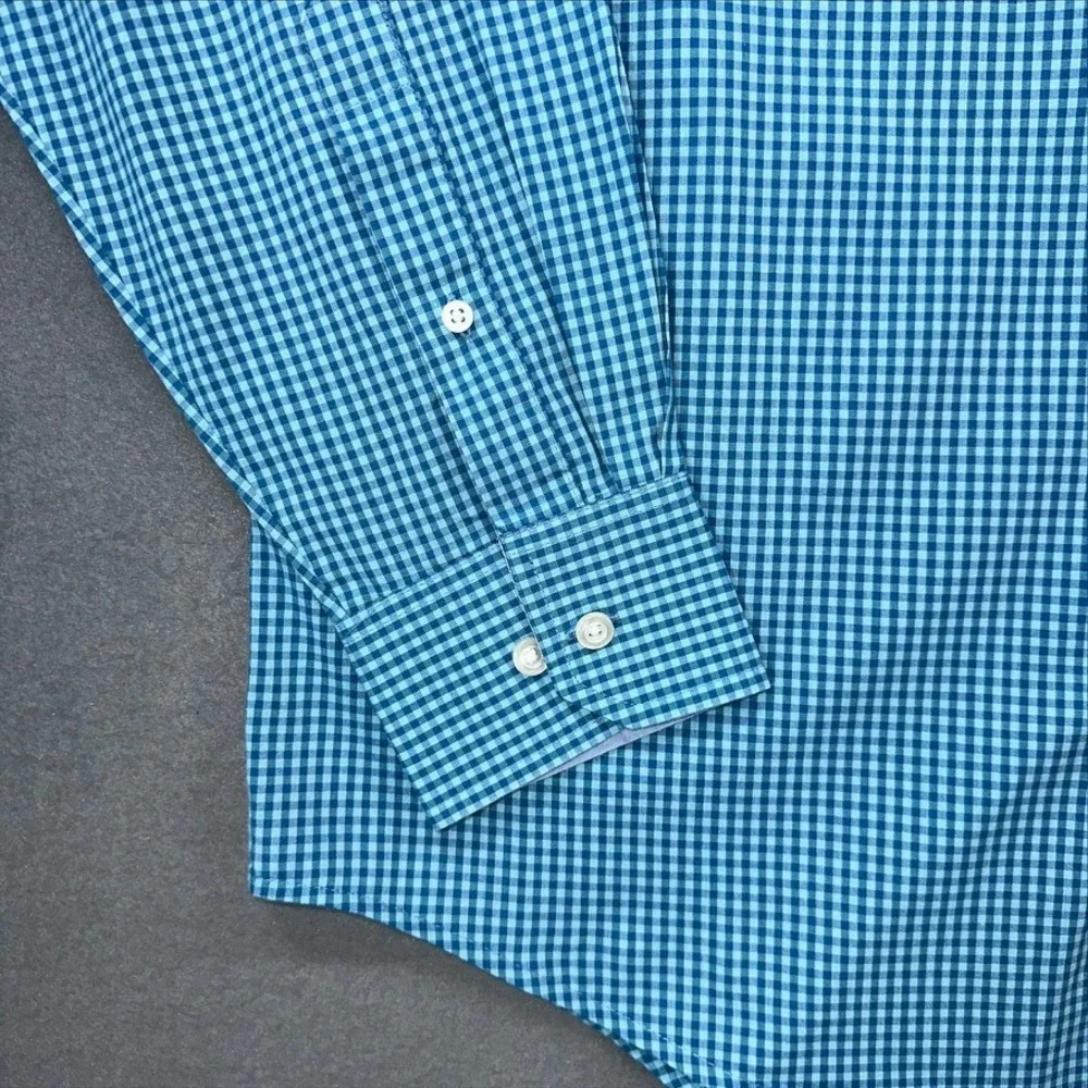 IZOD Button Down Shirt Mens M Blue Teal Gingham Non-Iron Stretch Long Sleeve